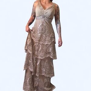 Sue Wong Beige Layered Gown